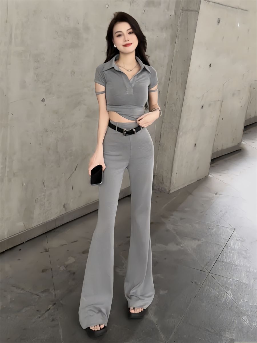 P summer new Spice Girl design short top + high waist and thin pants