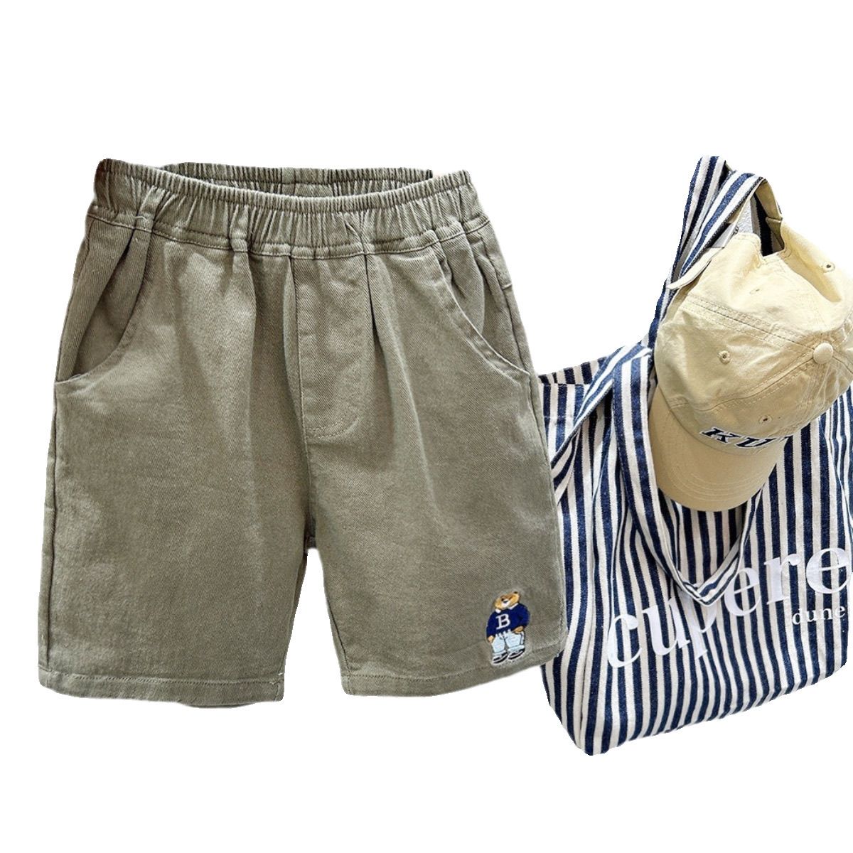 P Boys casual shorts loose five-point pants Children's cartoon embroidered pure cotton pants