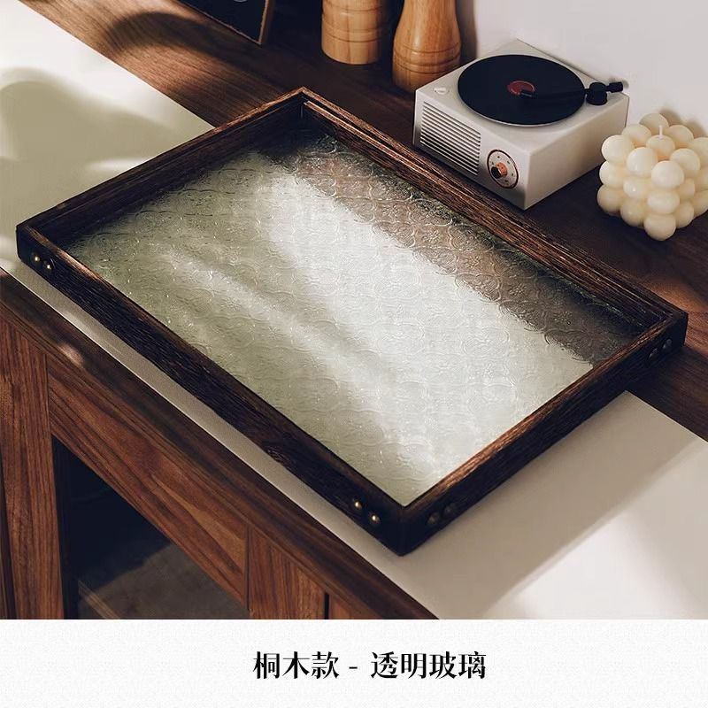 P Solid wood glass tray Small household rectangular walnut solid wood cup storage Fruit living room coffee table Tea snack plate