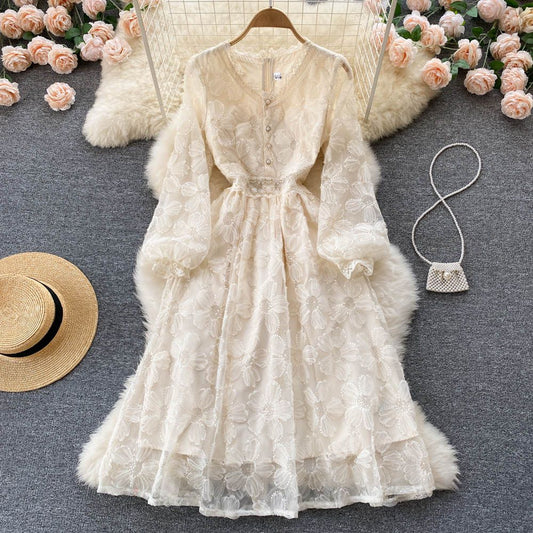 P Gentle Wind Feminine Flavor Waist Skinny Long Sleeve First Love Skirt A-word Skirt Elegant Temperament V-Neck Lace Even...