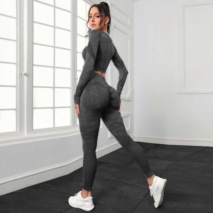 P new fashion washed hip lift high waist sports fitness pants two-piece set mesh tight long sleeve yoga fitness set