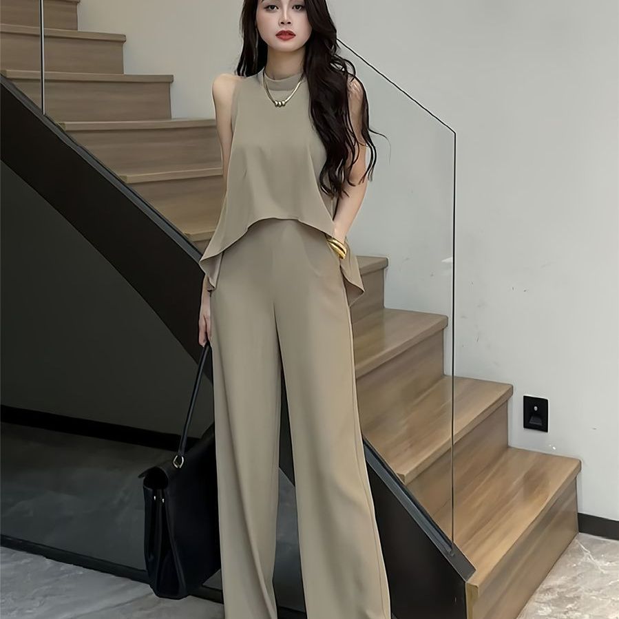 A new high-end neck sleeveless top high-waisted wide-leg pants two-piece set - Mixbatch