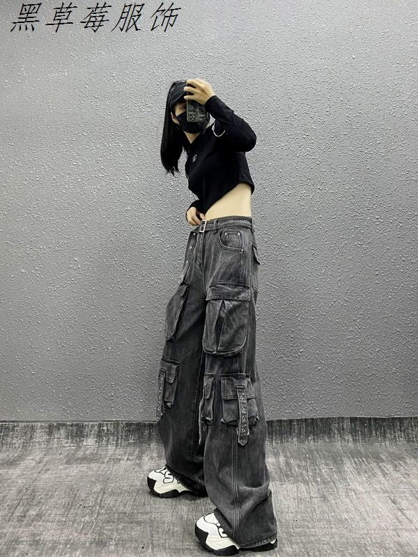 P handsome loose tooling jeans women's spring and autumn new high waist loose and thin versatile straight wide leg mopping pants