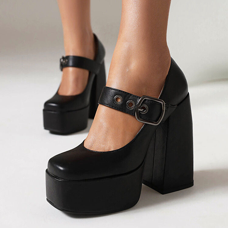 P versatile waterproof table one-word buckle with square head thick heel high heel single shoes hate sky high nightclub women's shoes