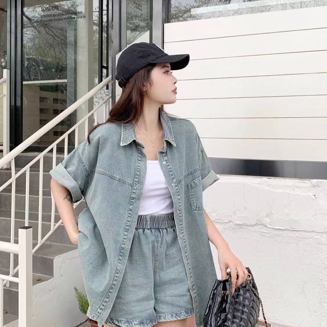 P summer short-sleeved casual loose and thin retro denim shirt and shorts two-piece set
