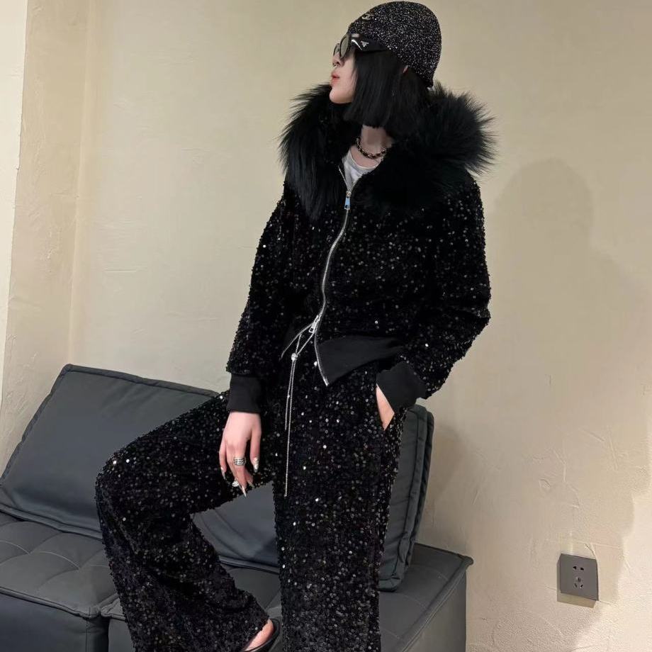 P Heavy Industry two-piece set winter velvet thickened fox fur collar removable sequined cardigan jacket wide-leg pants