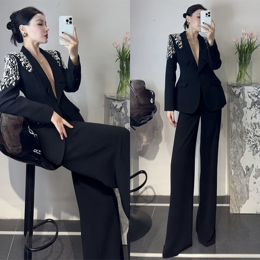 P Korean version of light luxury heavy industry hot diamond suit trousers suit fashion temperament high foreign style two-piece set tide