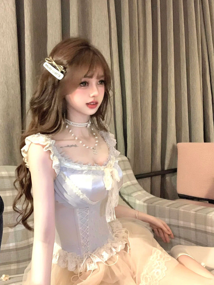 P A complete set of women's French lace bow splicing design top fluffy skirt set