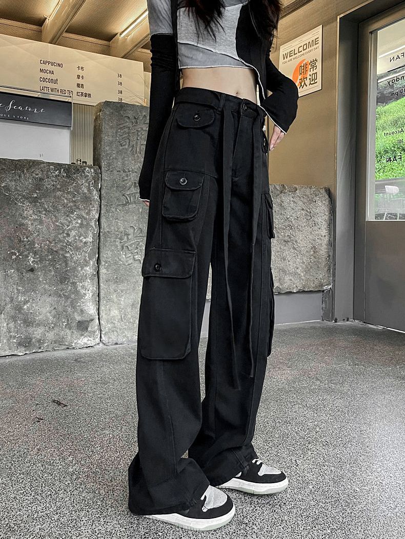 P black American retro denim overalls women's autumn clothing European and American high street vibe niche design wide-leg trousers