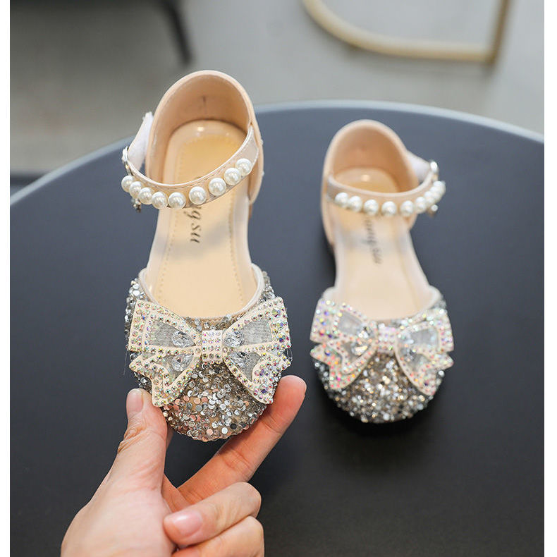 P Fashion Summer Middle School Older Children Soft Flats Spring Leather Shoes Princess Shoes Dance Shoes Crystal Shoes