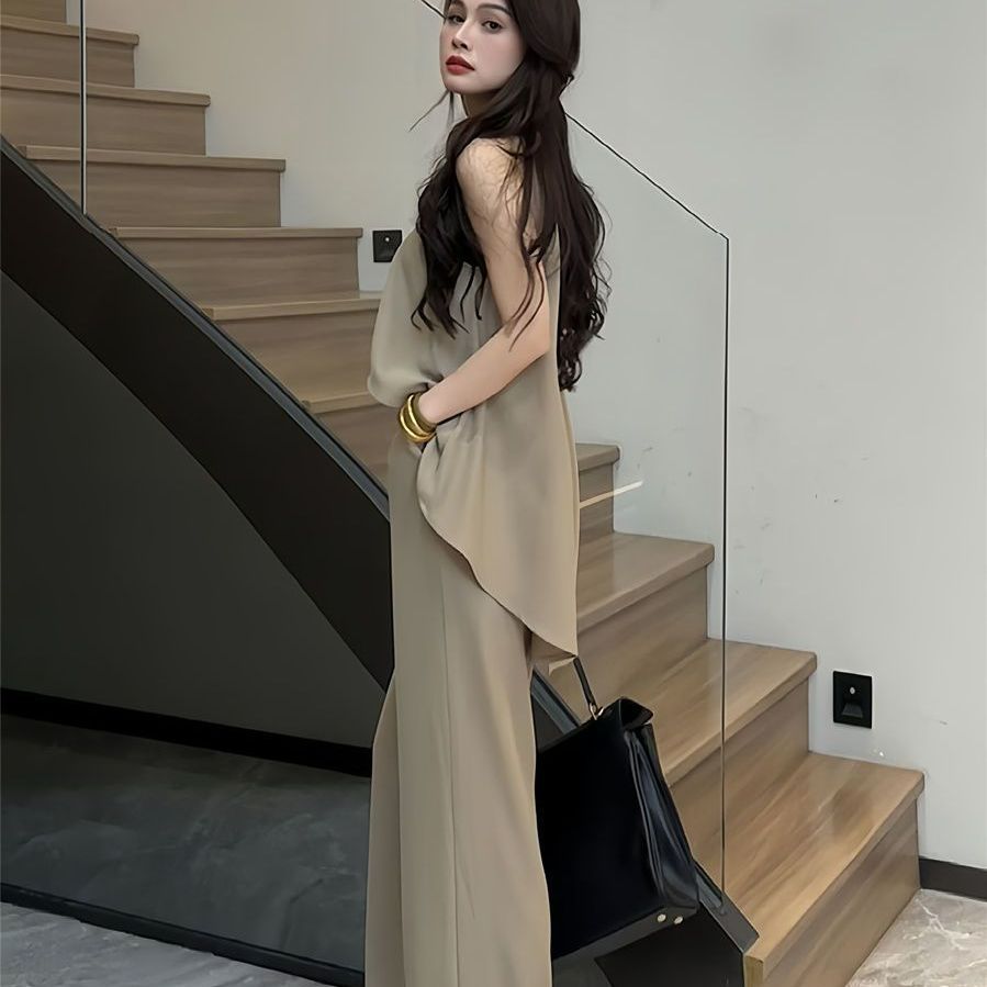 A new high-end neck sleeveless top high-waisted wide-leg pants two-piece set - Mixbatch