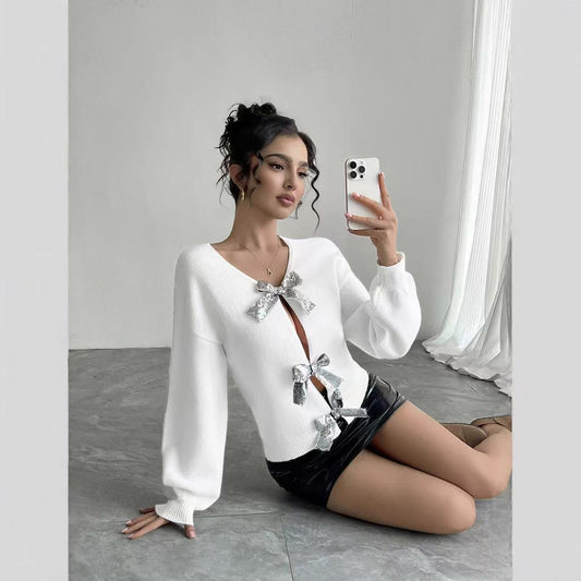 P sequined bow sweater
