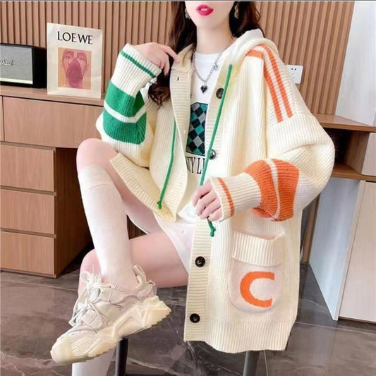 P Lazy Wind Hooded Sweater Cardigan Women's Medium and Long Korean Version