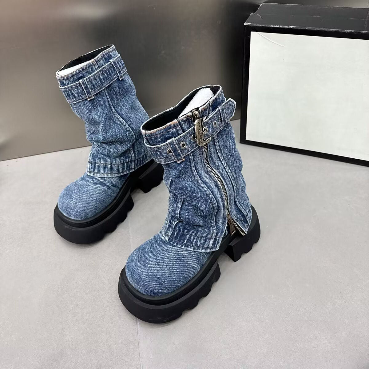 P Martin Boots Denim Fake Two Piece Pile Boots Locomotive Boots Short Boots Spice Girls Zipper Women's Shoes