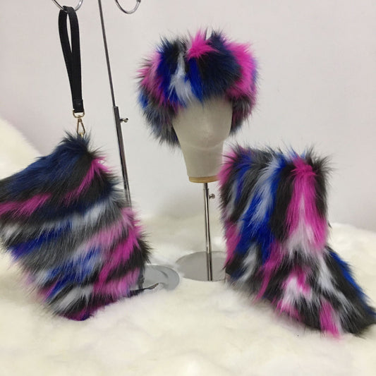A women's fluffy snow boots clutch bag plush headband headgear three 3-piece set