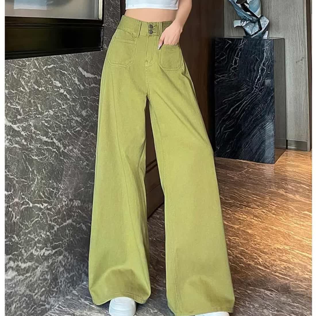 A Summer thin avocado green pants high waist drape loose and thin like leg mopping pants - Mixbatch