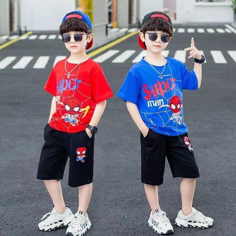 P pure cotton boys summer suit new spider-man children's short-sleeved casual two-piece set Korean version two-piece set tide