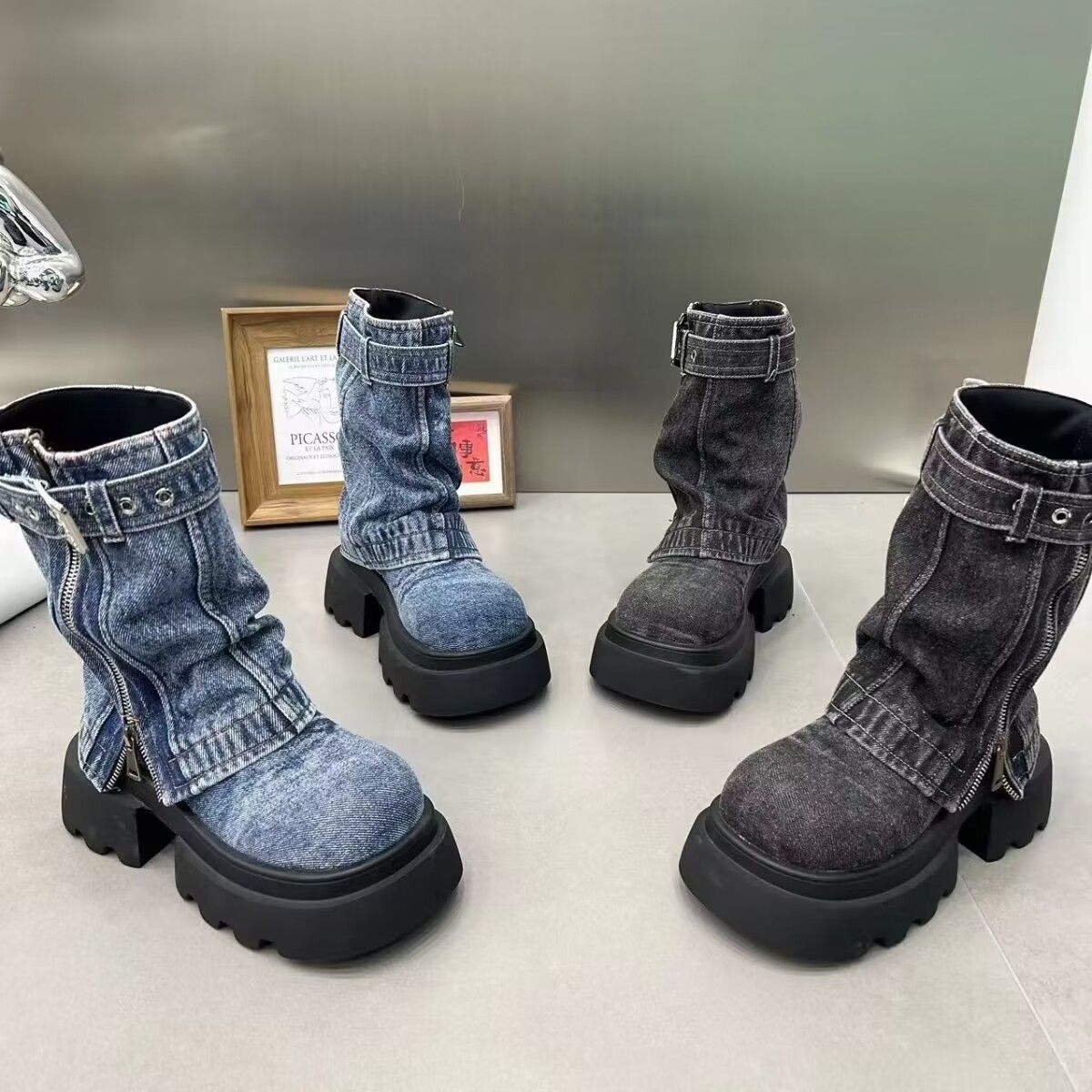 P Martin Boots Denim Fake Two Piece Pile Boots Locomotive Boots Short Boots Spice Girls Zipper Women's Shoes