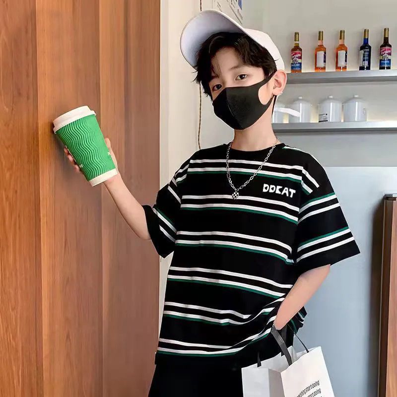 P boys summer short-sleeved set new striped half-sleeved medium and older children loose pure cotton two-piece set Korean version handsome