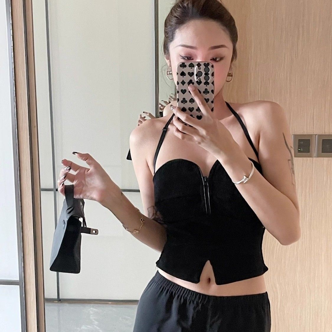 A black vertical strip velvet zipper sexy split fork slim fit and thin neck vest top - Mixbatch