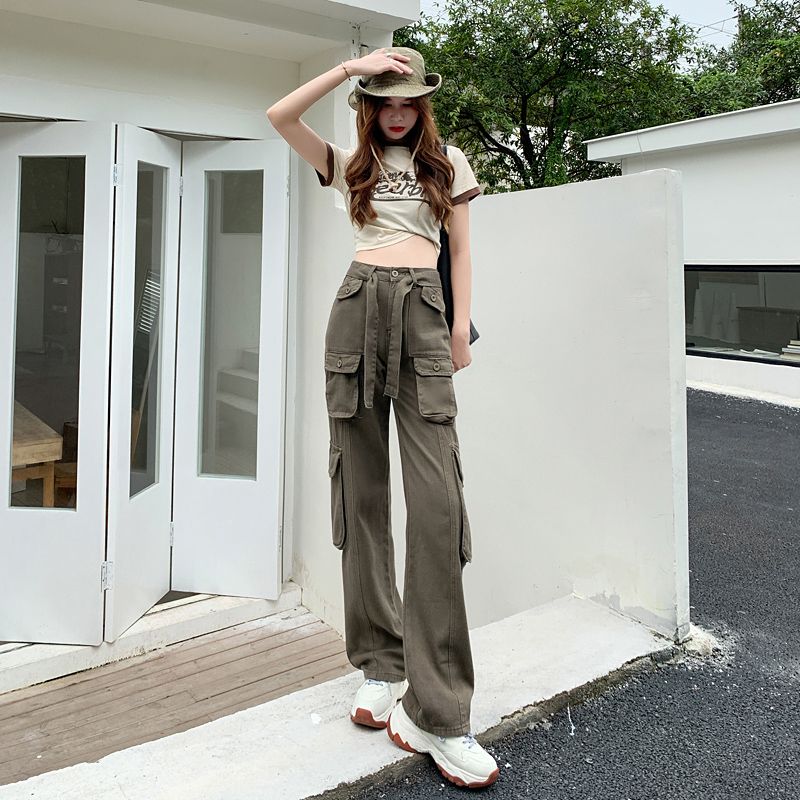Pink cool overalls for women in spring high waist slim loose straight leg popular casual wide leg jeans