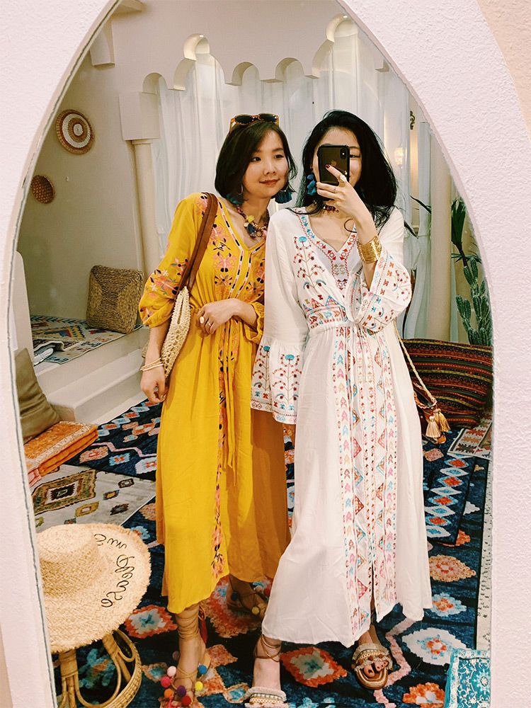 P ethnic style retro embroidery v-neck horn sleeve waist dress Tibet grassland desert photo long dress women