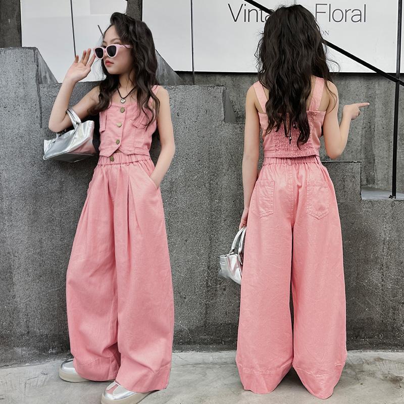 A Korean version of children's denim suit summer middle and old children's foreign style Internet celebrity suspender casual girl wide-leg pants suit