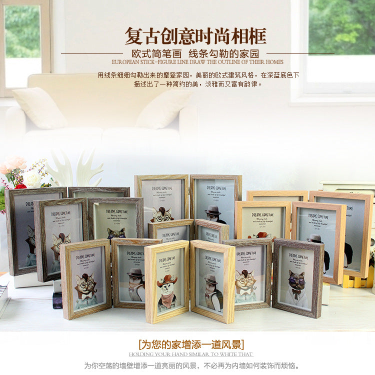 A creative double folding combination photo frame retro American creative personality 6 inch 7 inch 8 inch folding photo frame table