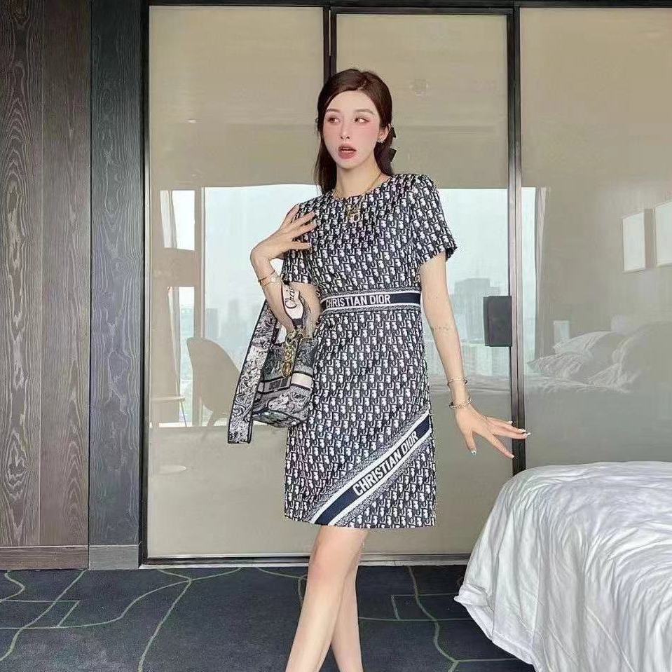 A high-end summer new old flower round neck fashion letter printing temperament thin dress short sleeves - Mixbatch