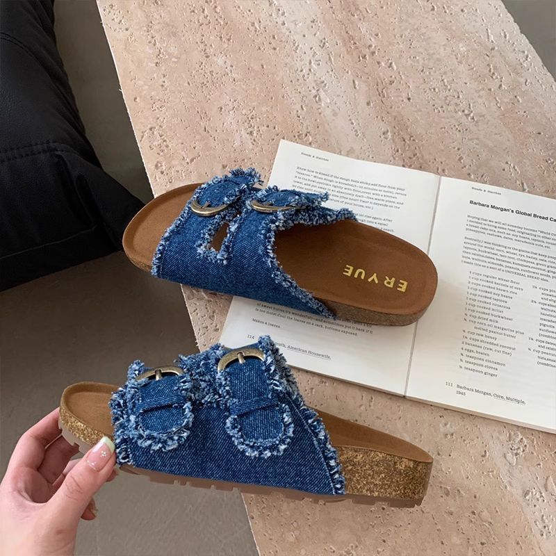 P denim thick-bottomed Birkenstocks slippers women's summer wear new Korean version French temperament casual flat-bottomed women's sandals - Mixbatch