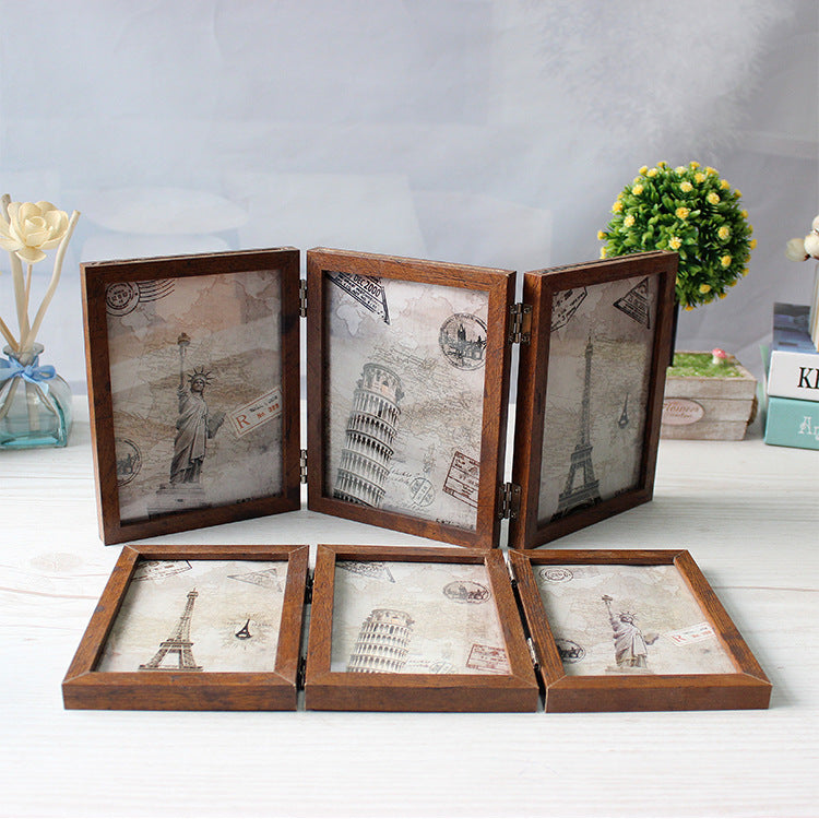 A three-fold folding six-sided glass photo frame table retro American creative combination 6-inch 7-inch like photo frame ornament