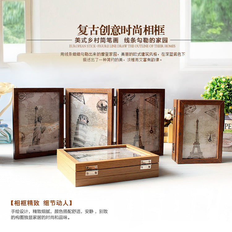 A three-fold folding six-sided glass photo frame table retro American creative combination 6-inch 7-inch like photo frame ornament