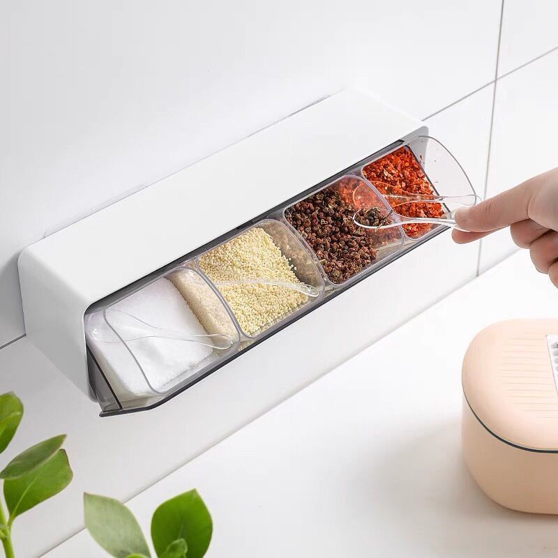 Seasoning box set, household combination set, kitchen supplies, salt, sugar, monosodium glutamate, four compartment storage, integrated multi compartment seasoning jar - Mixbatch