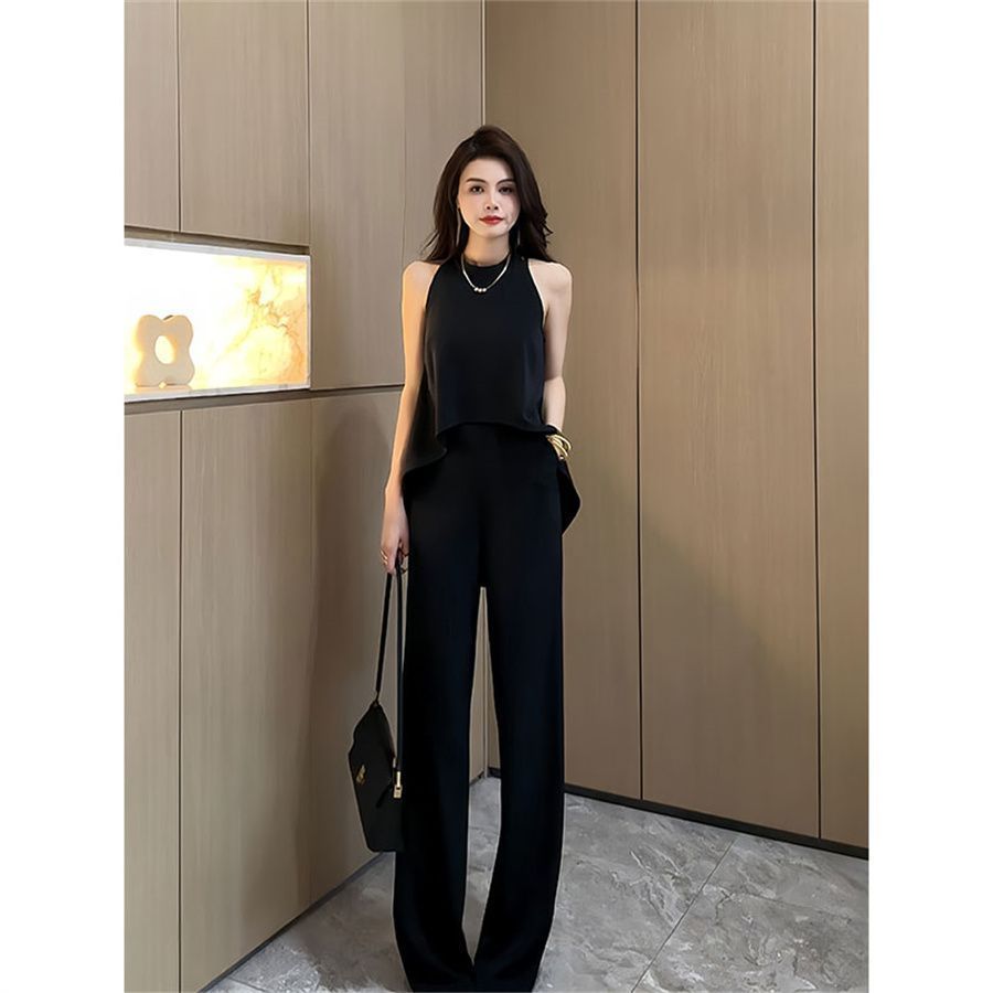 A new high-end neck sleeveless top high-waisted wide-leg pants two-piece set - Mixbatch