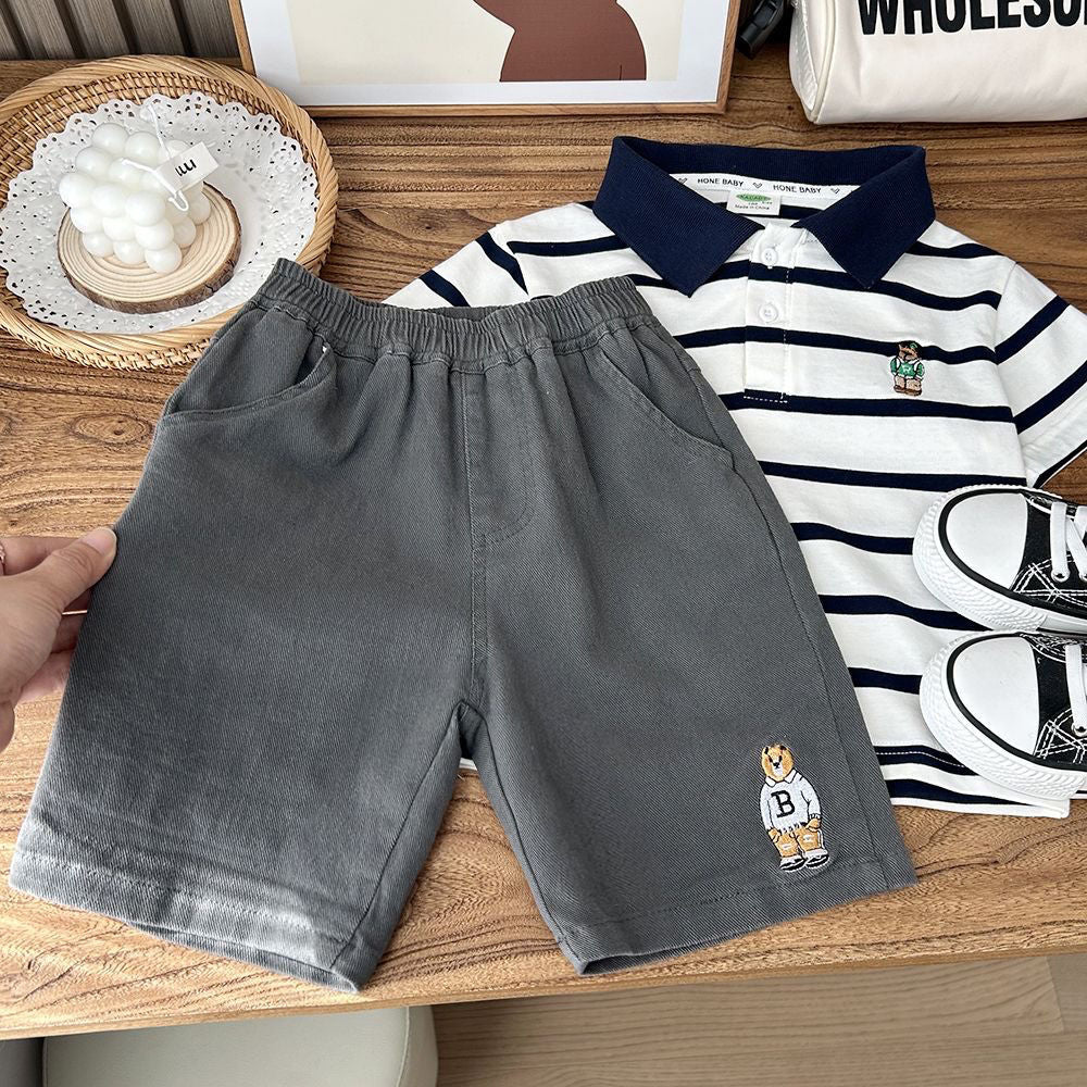 P Boys casual shorts loose five-point pants Children's cartoon embroidered pure cotton pants