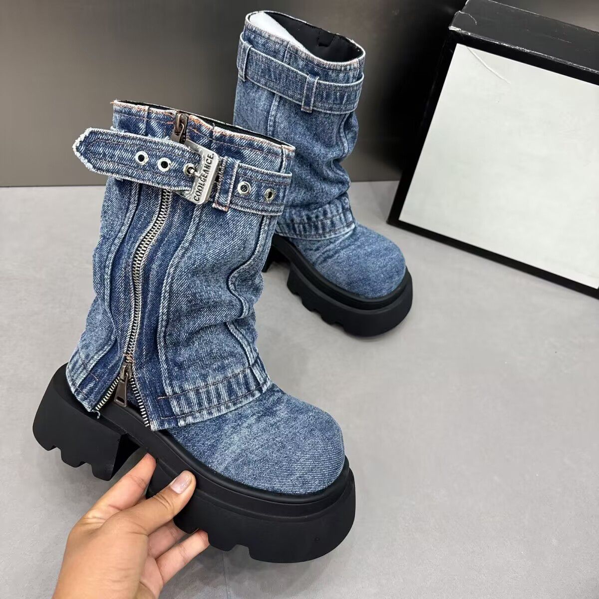 P Martin Boots Denim Fake Two Piece Pile Boots Locomotive Boots Short Boots Spice Girls Zipper Women's Shoes