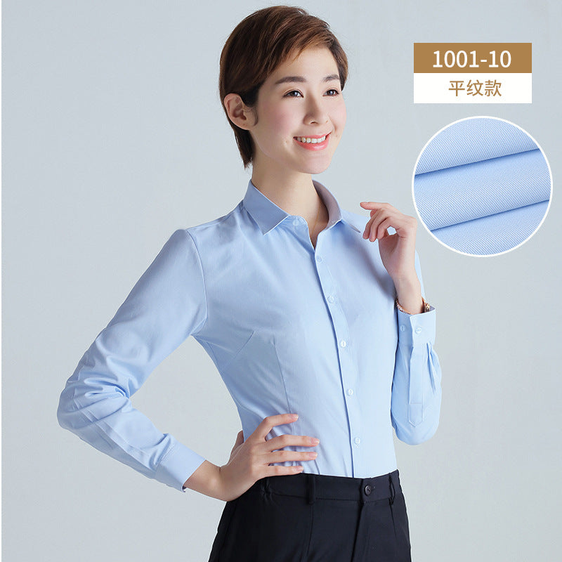 A new women's long-sleeved white shirt OL slim-fitting professional wear, interview overalls cotton V-neck shirt dress collar - Mixbatch