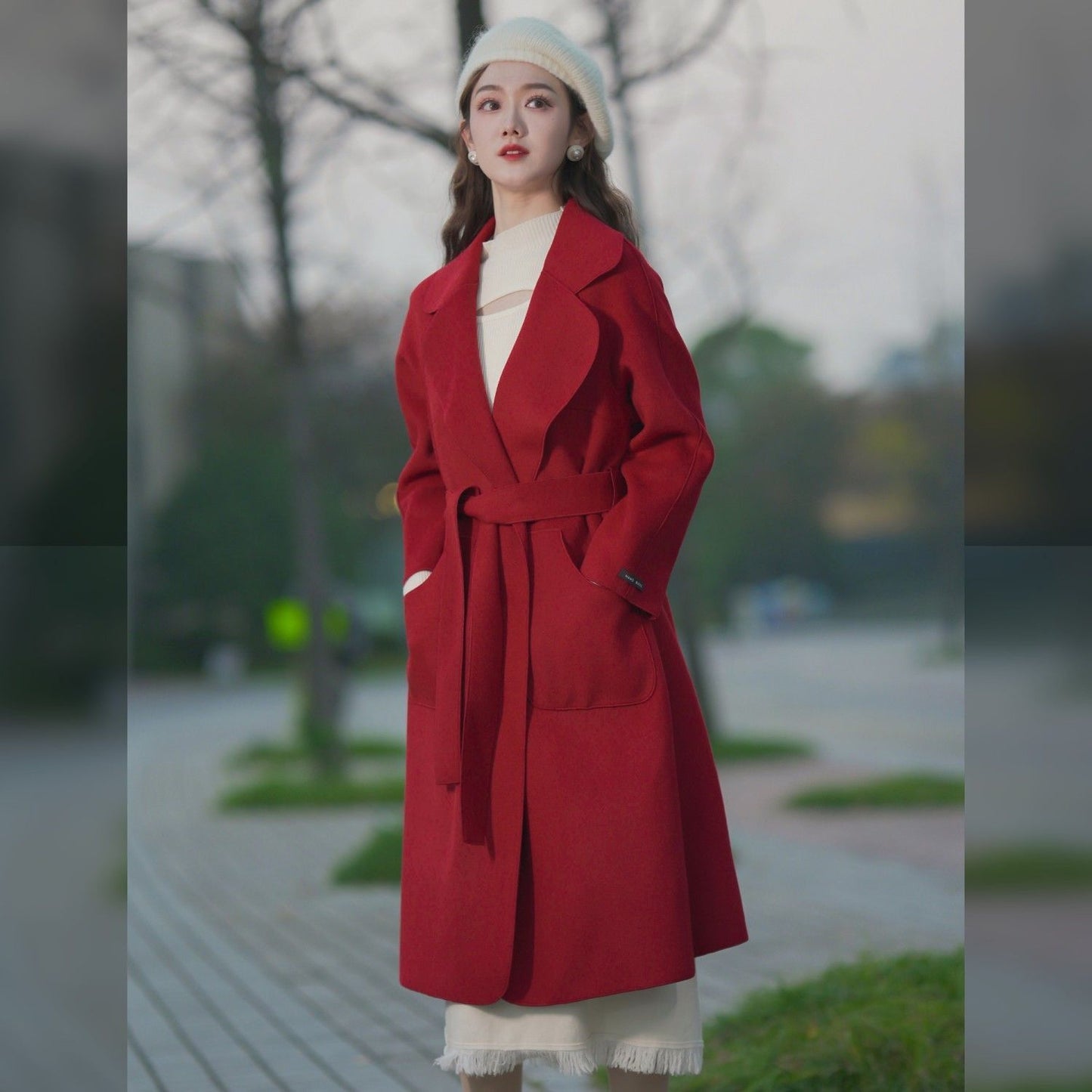 P long double-sided woolen coat fashionable waist woolen coat women's coat trendy coat