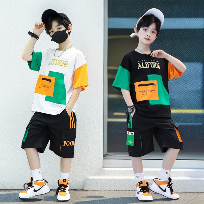 P boys summer suit popular foreign Korean version medium and older boys handsome summer short-sleeved two-piece set for children