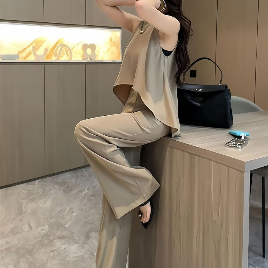 A new high-end neck sleeveless top high-waisted wide-leg pants two-piece set - Mixbatch