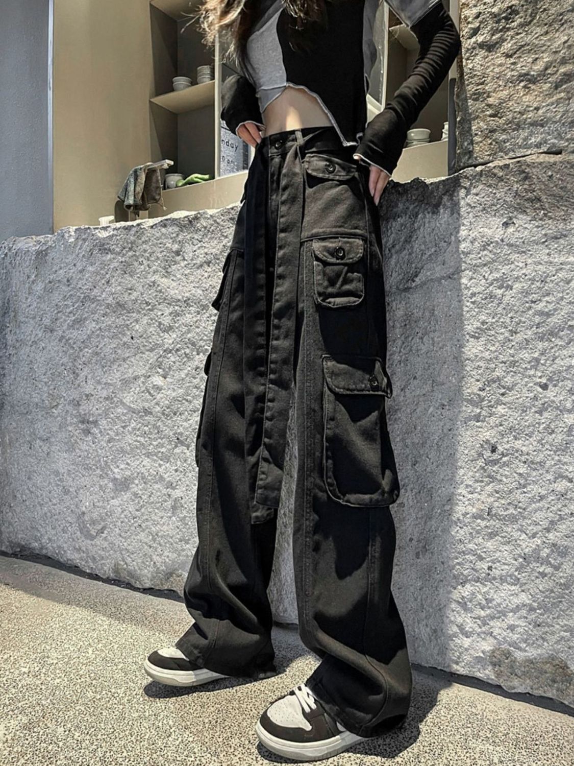 P black American retro denim overalls women's autumn clothing European and American high street vibe niche design wide-leg trousers