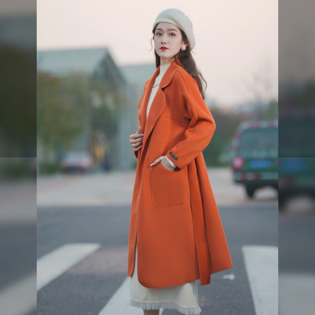 P long double-sided woolen coat fashionable waist woolen coat women's coat trendy coat
