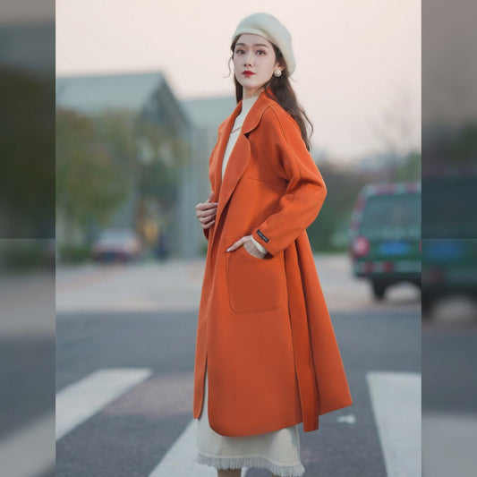 P long double-sided woolen coat fashionable waist woolen coat women's coat trendy coat