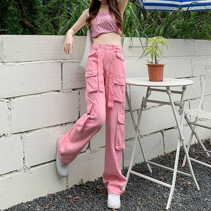 Pink cool overalls for women in spring high waist slim loose straight leg popular casual wide leg jeans