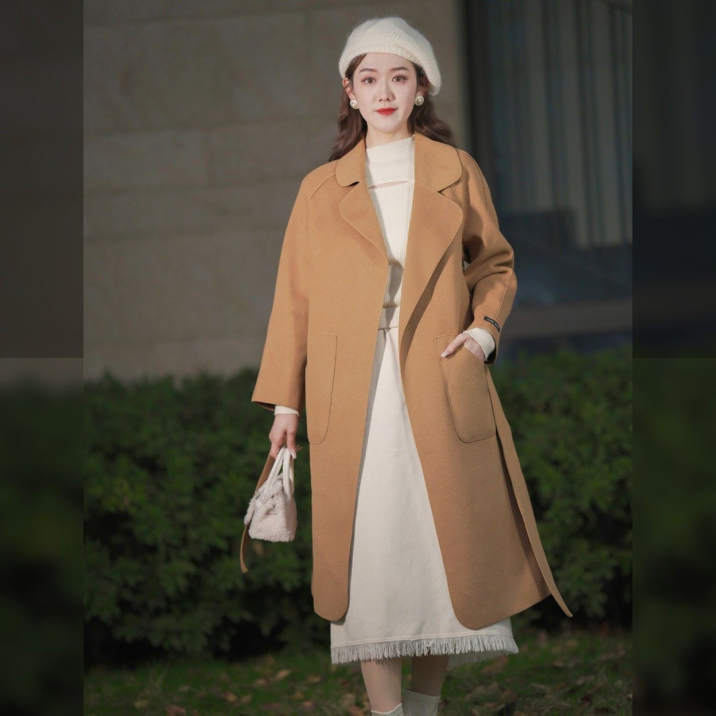 P long double-sided woolen coat fashionable waist woolen coat women's coat trendy coat