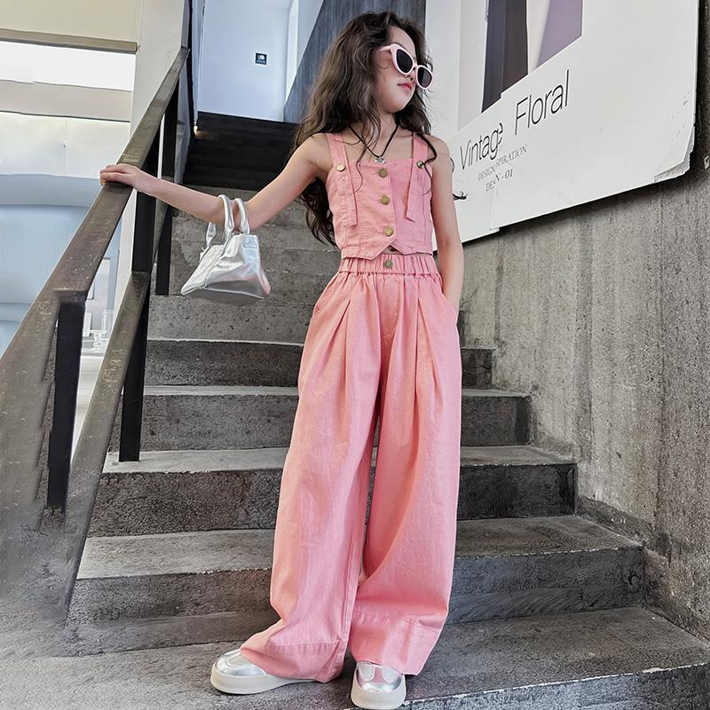 A Korean version of children's denim suit summer middle and old children's foreign style Internet celebrity suspender casual girl wide-leg pants suit