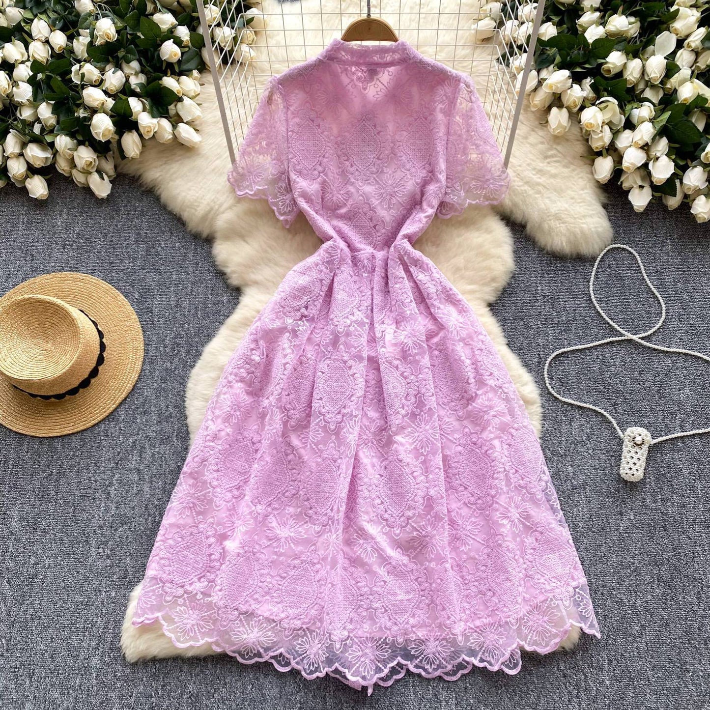 P French retro elegant heavy industry lace embroidery lapel single-breasted waist slim temperament dress...