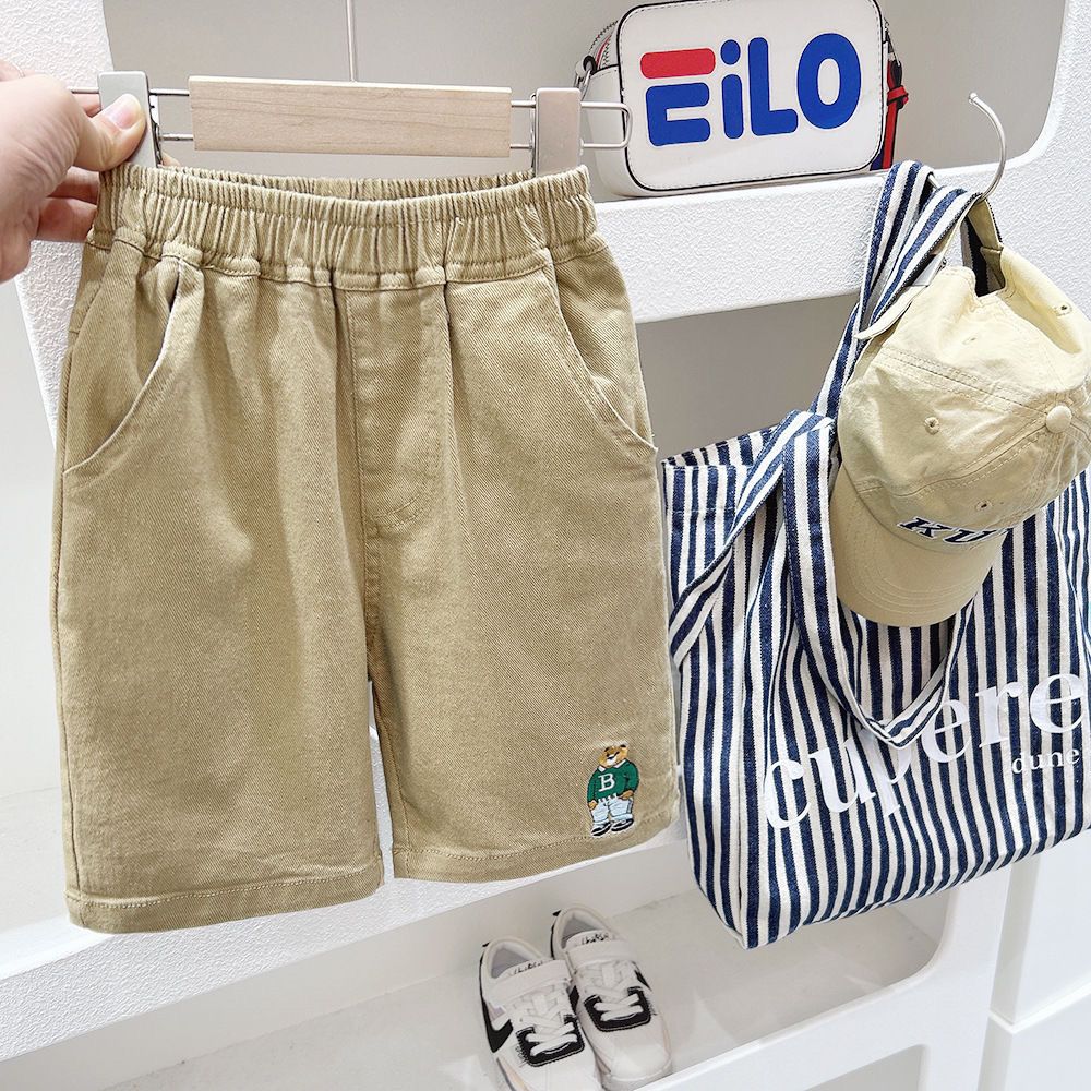 P Boys casual shorts loose five-point pants Children's cartoon embroidered pure cotton pants