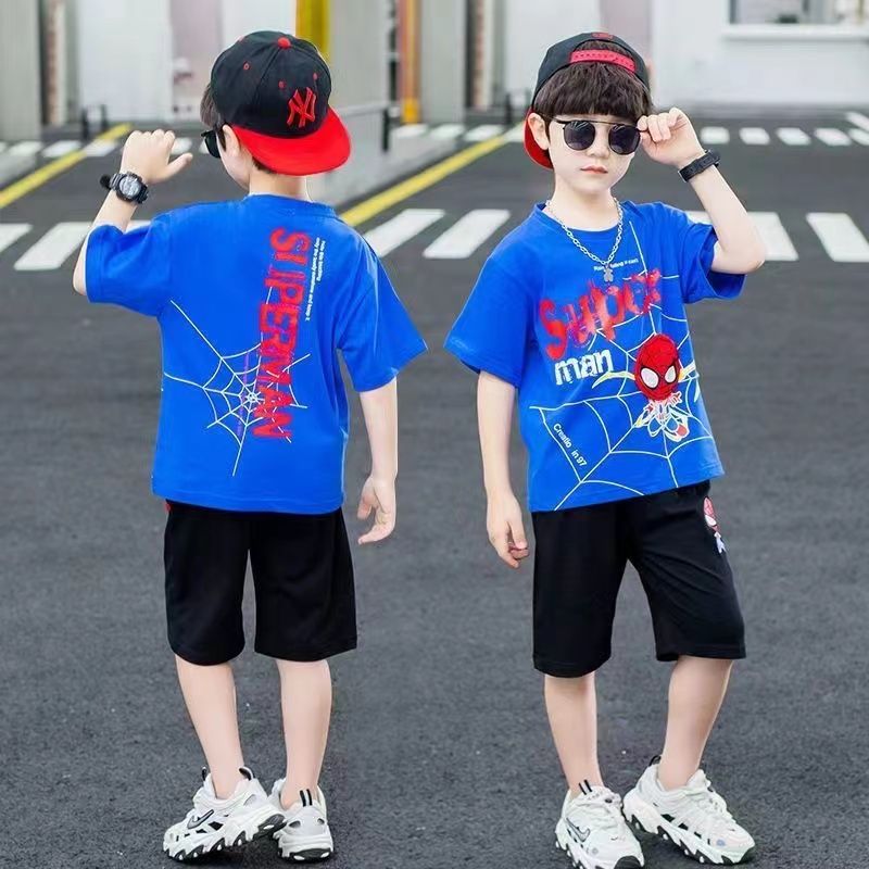 P pure cotton boys summer suit new spider-man children's short-sleeved casual two-piece set Korean version two-piece set tide