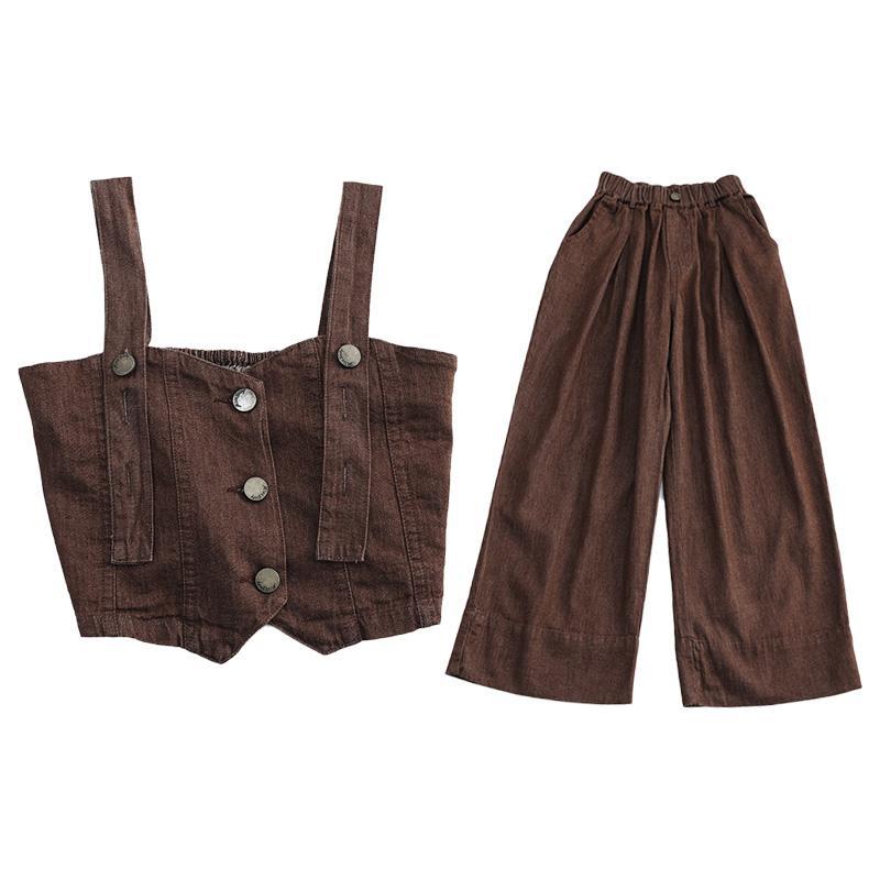 A Korean version of children's denim suit summer middle and old children's foreign style Internet celebrity suspender casual girl wide-leg pants suit